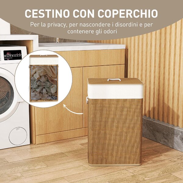 DecHome Cesto Portabiancheria 72L con Coperchio in Bamb Manici in Corda e Sacco Rimovibile colore Marrone - F865BN