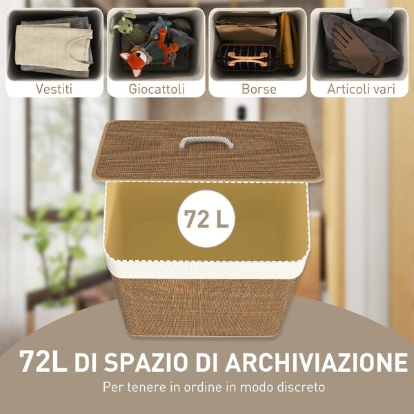 DecHome Cesto Portabiancheria 72L con Coperchio in Bamb Manici in Corda e Sacco Rimovibile colore Marrone - F865BN