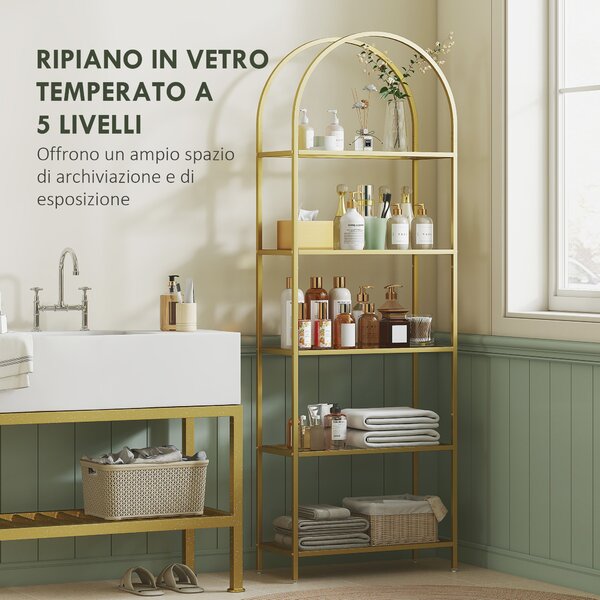 HOMCOM Scaffale Portaoggetti ad Arco a 5 Ripiani in Acciaio e Vetro Temperato, 60x30x175 cm, Oro | Aosom Italy