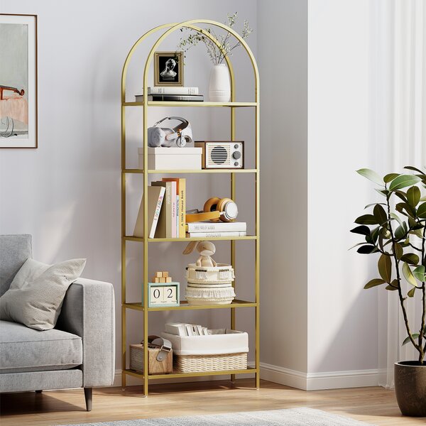 HOMCOM Scaffale Portaoggetti ad Arco a 5 Ripiani in Acciaio e Vetro Temperato, 60x30x175 cm, Oro | Aosom Italy