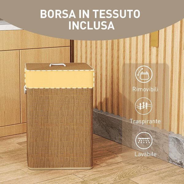 DecHome Cesto Portabiancheria 72L con Coperchio in Bamb Manici in Corda e Sacco Rimovibile colore Marrone - F865BN