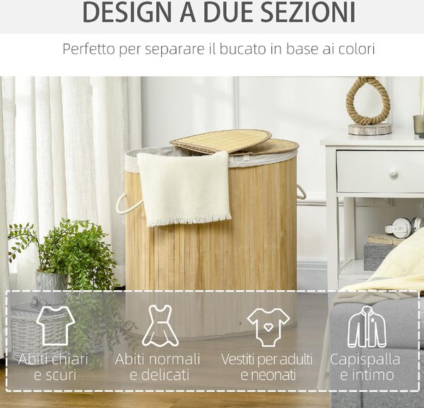 DecHome Cesto Portabiancheria a 2 Sezioni 2 Coperchi e Capacit 100L con Sacca Interna Removibile 62.5x37x60.5 cm - 220V00ND-850