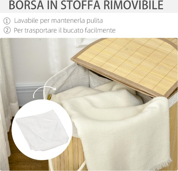DecHome Cesto Portabiancheria a 2 Sezioni 2 Coperchi e Capacit 100L con Sacca Interna Removibile 62.5x37x60.5 cm - 220V00ND-850