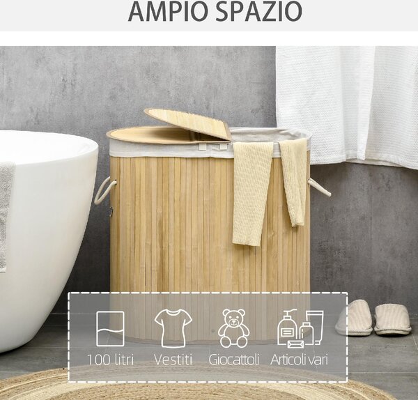 DecHome Cesto Portabiancheria a 2 Sezioni 2 Coperchi e Capacit 100L con Sacca Interna Removibile 62.5x37x60.5 cm - 220V00ND-850