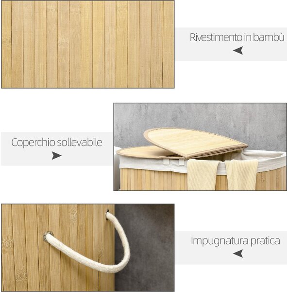 DecHome Cesto Portabiancheria a 2 Sezioni 2 Coperchi e Capacit 100L con Sacca Interna Removibile 62.5x37x60.5 cm - 220V00ND-850