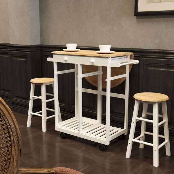 HOMCOM Carrello Cucina Pieghevole e Salvaspazio Tavolino con 2 Sgabelli 2 Cassetti 5 Ruote (Rotazione 360°), Legno MDF Bianco|Aosom