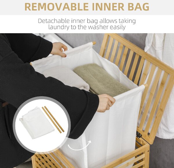 DecHome Cesto Portabiancheria a Doghe in Bamb e Tessuto con Coperchio e Sacca Rimovibile 50x36x60 cm - 876DHND