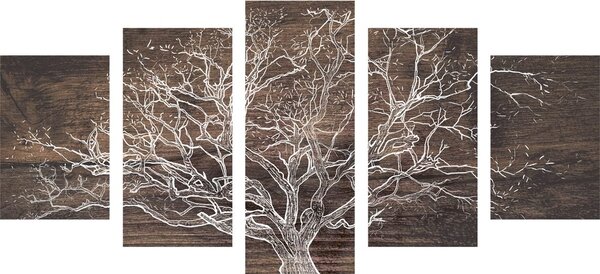 Quadri 5 pezzi – Corona dell'albero su sfondo di legno