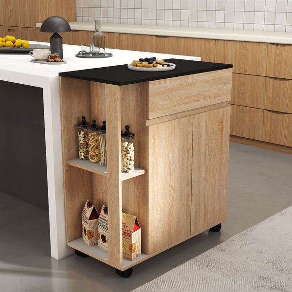 HOMCOM Carrello da Cucina con Cassetto, Armadietto e 2 Mensole Laterali, Mobile Cucina con Ruote in Legno, 78x39.5x88.5cm, Rovere e Nero | Aosom Italy