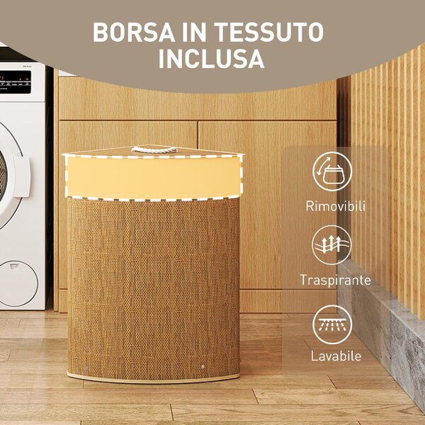 DecHome Cesto Portabiancheria Angolare in Bamb da 55L con Sacco Estraibile e Coperchio Removibile 35x35x60 cm colore Marrone - F866BN