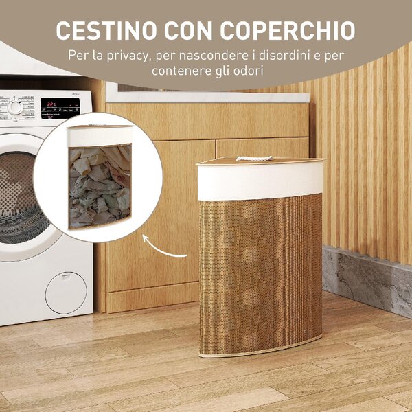 DecHome Cesto Portabiancheria Angolare in Bamb da 55L con Sacco Estraibile e Coperchio Removibile 35x35x60 cm colore Marrone - F866BN
