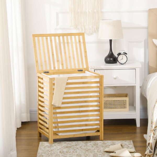 DecHome Cesto Portabiancheria a Doghe in Bamb e Tessuto con Coperchio e Sacca Rimovibile 50x36x60 cm - 876DHND