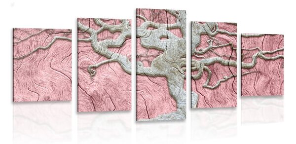 Quadri 5 pezzi – Albero astratto su legno con contrasto rosa