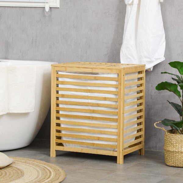 DecHome Cesto Portabiancheria a Doghe in Bamb e Tessuto con Coperchio e Sacca Rimovibile 50x36x60 cm - 876DHND