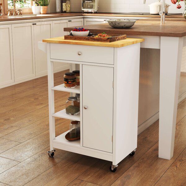 HOMCOM Carrello da cucina con cassetto armadio e ripiani aperti, carrelli portavivande con 4 route a 360°, di legno bianco 66 x 39,5 x 86,5|Aosom