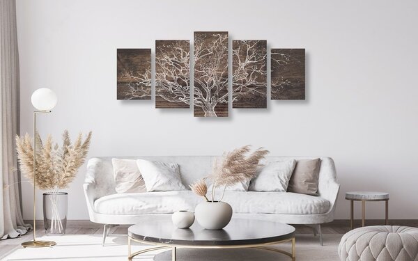 Quadri 5 pezzi – Corona dell'albero su sfondo di legno
