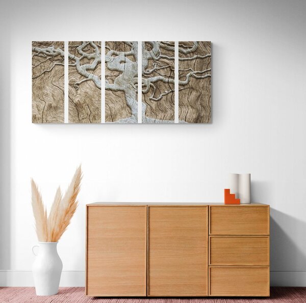 Quadri 5 pezzi – Albero astratto su legno in tonalità beige