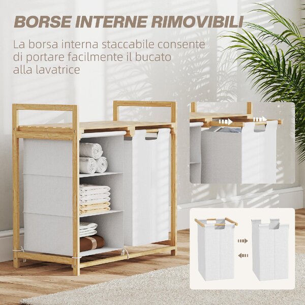 DecHome Cesto Portabiancheria con 2 Borse Estraibili, Maniglie e Ripiano in Bamb 70x36x70 cm colore Bianco - U6520WT
