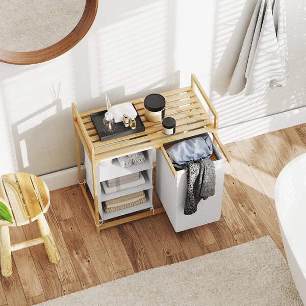 DecHome Cesto Portabiancheria con 2 Borse Estraibili, Maniglie e Ripiano in Bamb 70x36x70 cm colore Bianco - U6520WT