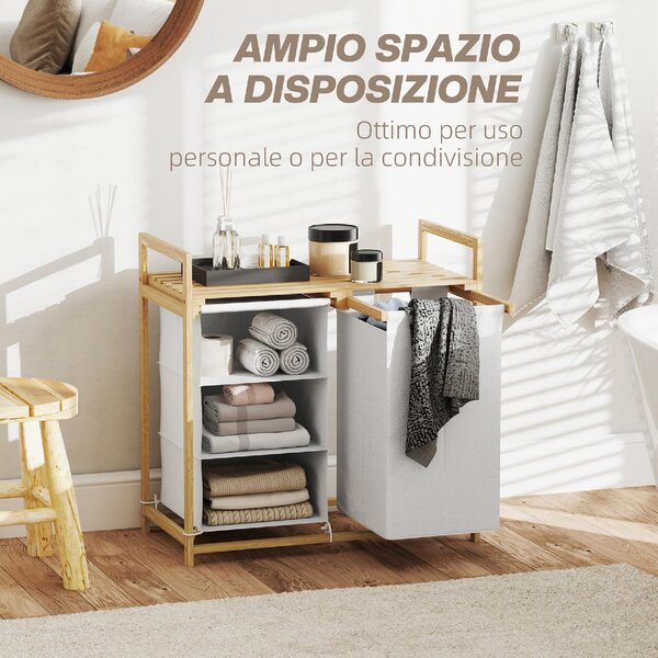 DecHome Cesto Portabiancheria con 2 Borse Estraibili, Maniglie e Ripiano in Bamb 70x36x70 cm colore Bianco - U6520WT