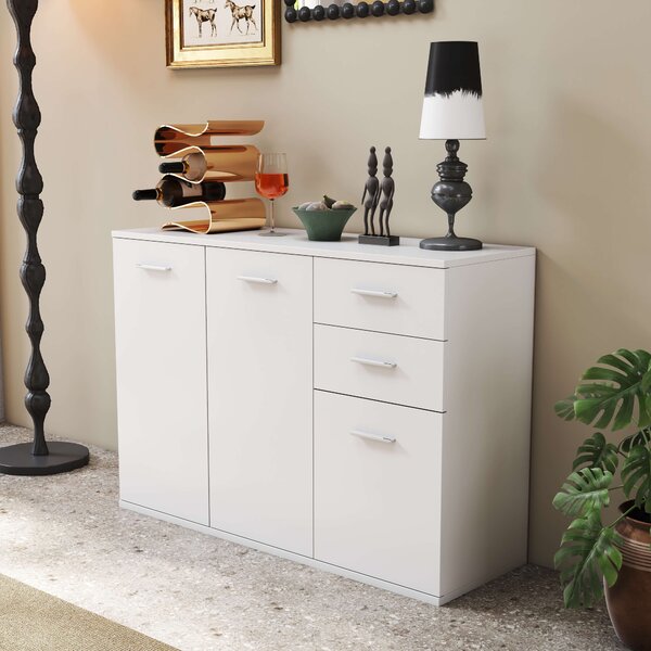 Homcom Armadietto Mobiletto cucina Mobili Soggiorno Mobiletto Multiuso con 3 Ante e 2 Cassetti in Legno Truciolato, Bianco|Aosom