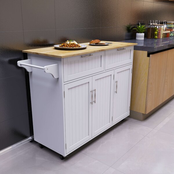 HOMCOM Carrello da Cucina Multiuso con 2 Cassetti, 3 Antine e 4 Ruote, in Legno e MDF, 121x46x91cm, Bianco|Aosom