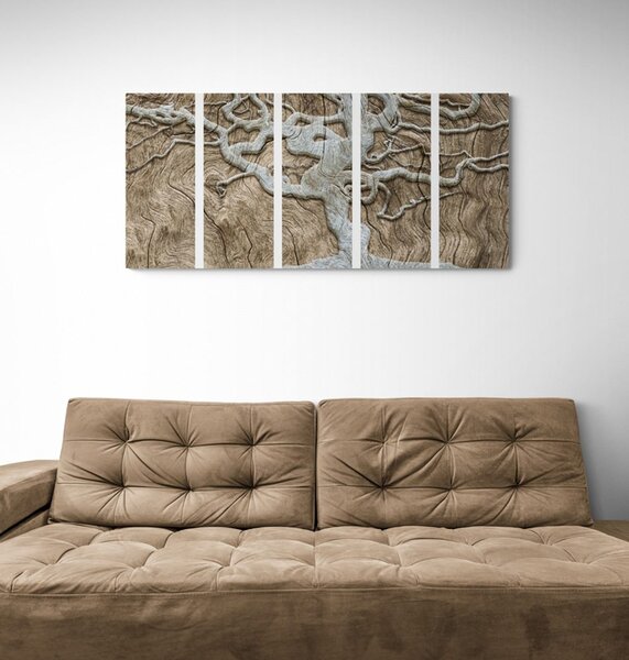 Quadri 5 pezzi – Albero astratto su legno in tonalità beige