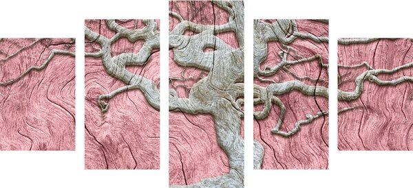 Quadri 5 pezzi – Albero astratto su legno con contrasto rosa