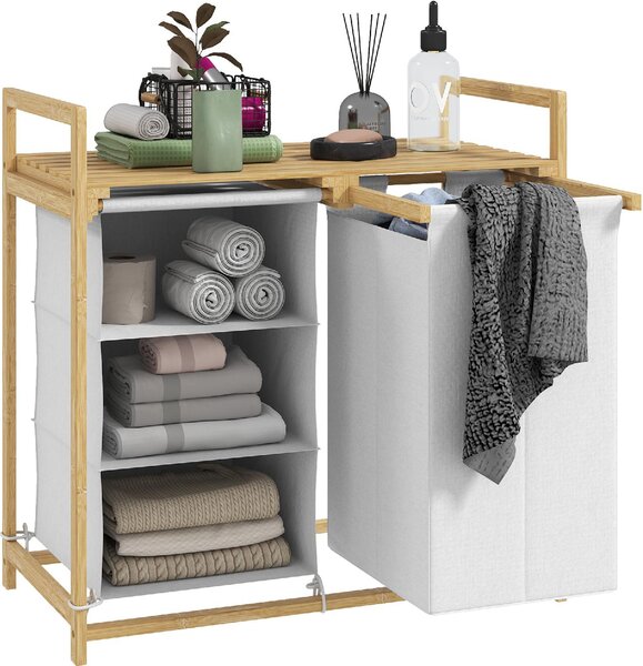 DecHome Cesto Portabiancheria con 2 Borse Estraibili, Maniglie e Ripiano in Bamb 70x36x70 cm colore Bianco - U6520WT
