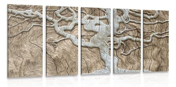 Quadri 5 pezzi – Albero astratto su legno in tonalità beige