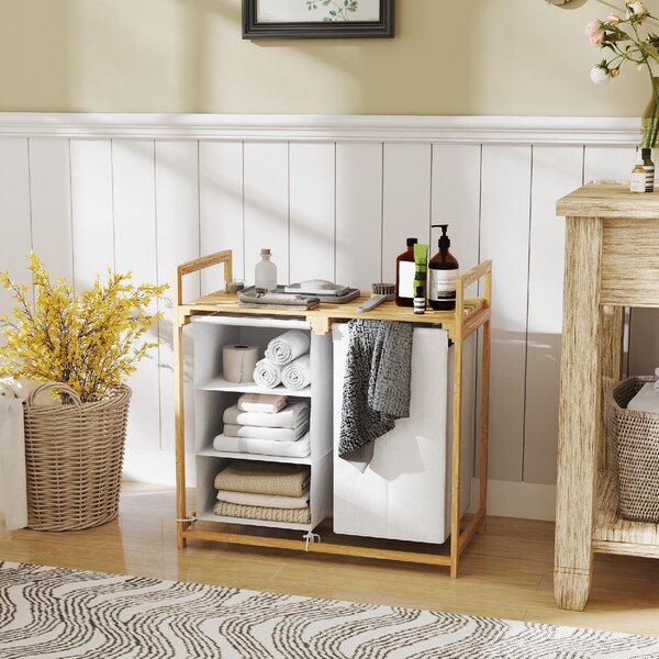 DecHome Cesto Portabiancheria con 2 Borse Estraibili, Maniglie e Ripiano in Bamb 70x36x70 cm colore Bianco - U6520WT