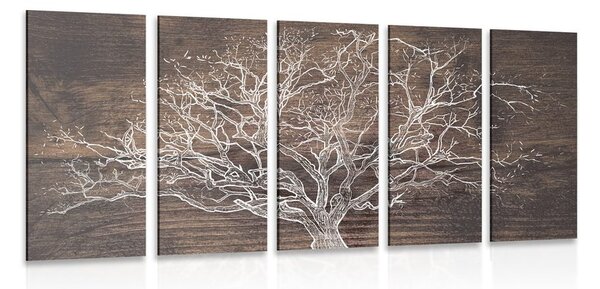 Quadri 5 pezzi – Corona dell'albero su sfondo di legno