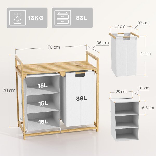 DecHome Cesto Portabiancheria con 2 Borse Estraibili, Maniglie e Ripiano in Bamb 70x36x70 cm colore Bianco - U6520WT