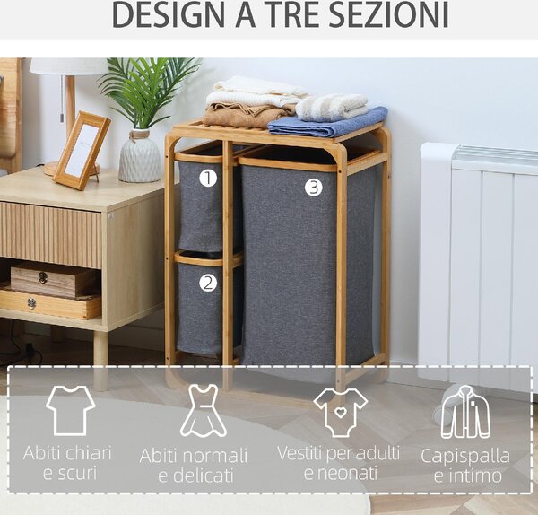 DecHome Cesto Portabiancheria con 3 Scomparti Estraibili in Tessuto e Bamb 50x32x69.7cm - 181-850