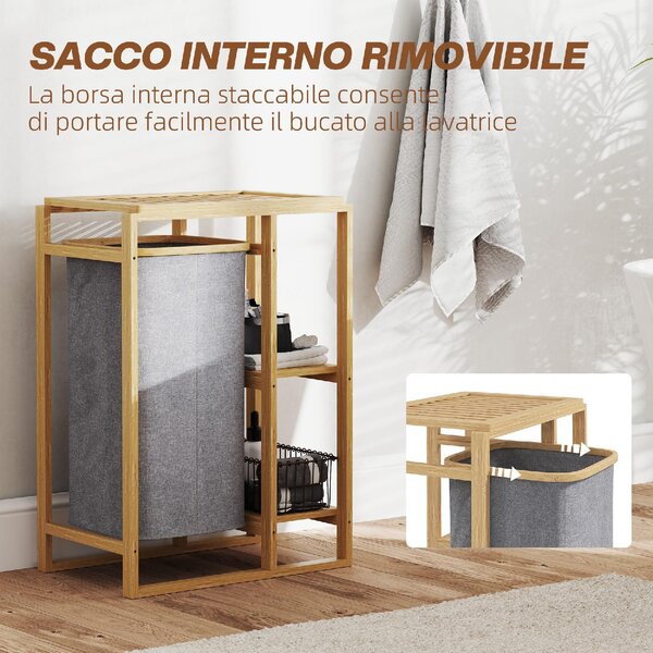 DecHome Cesto Portabiancheria con Borsa Estraibile e Ripiani a Doghe in Bamb 50x32x70 cm colore Grigio - U6530GY