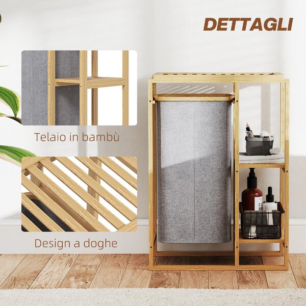 DecHome Cesto Portabiancheria con Borsa Estraibile e Ripiani a Doghe in Bamb 50x32x70 cm colore Grigio - U6530GY