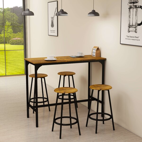 HOMCOM Set da Bar 5 pezzi con Tavolo alto e 4 Sgabelli Stile Industriale, Marrone e Nero|Aosom