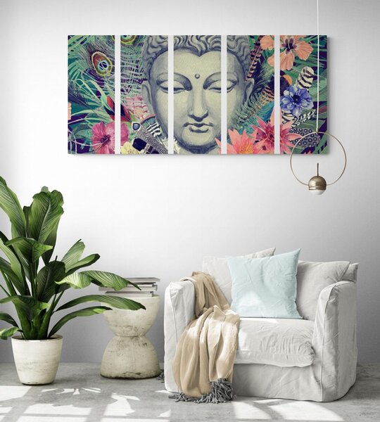 Quadri 5 pezzi – Buddha su sfondo esotico