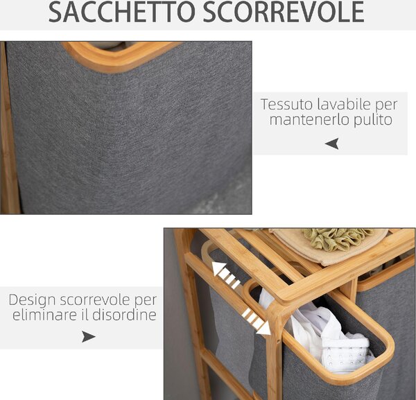 DecHome Cesto Portabiancheria con 3 Scomparti Estraibili in Tessuto e Bamb 50x32x69.7cm - 181-850