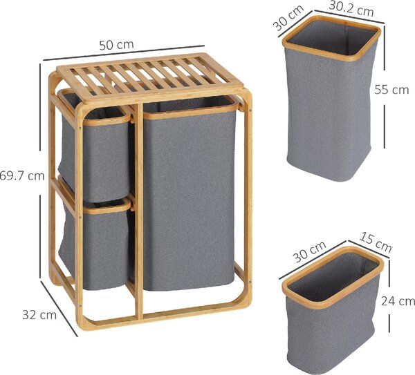 DecHome Cesto Portabiancheria con 3 Scomparti Estraibili in Tessuto e Bamb 50x32x69.7cm - 181-850