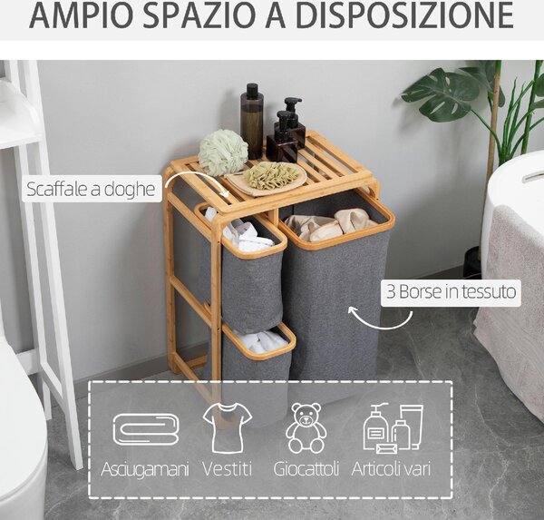 DecHome Cesto Portabiancheria con 3 Scomparti Estraibili in Tessuto e Bamb 50x32x69.7cm - 181-850