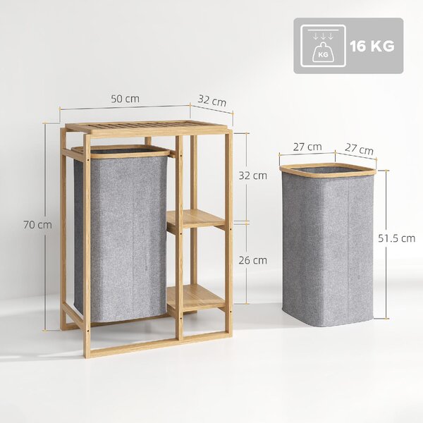 DecHome Cesto Portabiancheria con Borsa Estraibile e Ripiani a Doghe in Bamb 50x32x70 cm colore Grigio - U6530GY