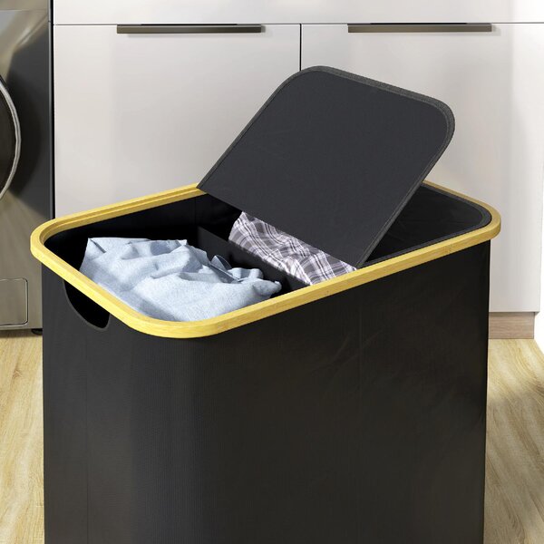DecHome Cesto Portabiancheria da 80L a 2 Sezioni con Coperchio in Tessuto non Tessuto e Bamb 54x34x58.5 cm colore Nero - U5780BK