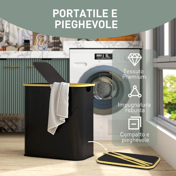DecHome Cesto Portabiancheria da 80L a 2 Sezioni con Coperchio in Tessuto non Tessuto e Bamb 54x34x58.5 cm colore Nero - U5780BK
