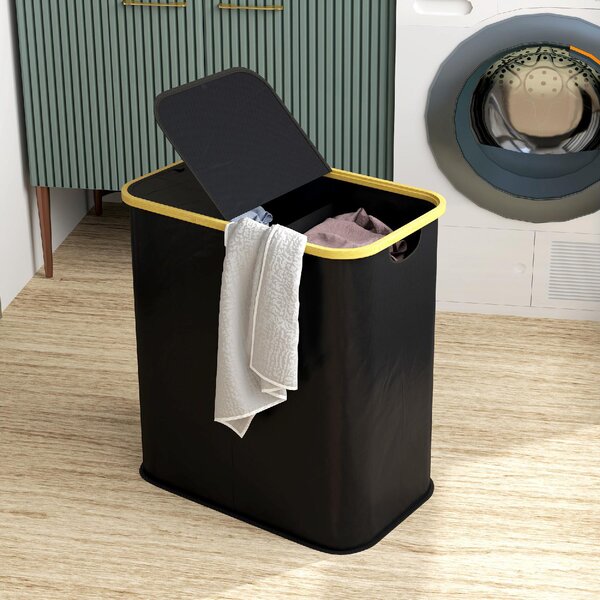 DecHome Cesto Portabiancheria da 80L a 2 Sezioni con Coperchio in Tessuto non Tessuto e Bamb 54x34x58.5 cm colore Nero - U5780BK