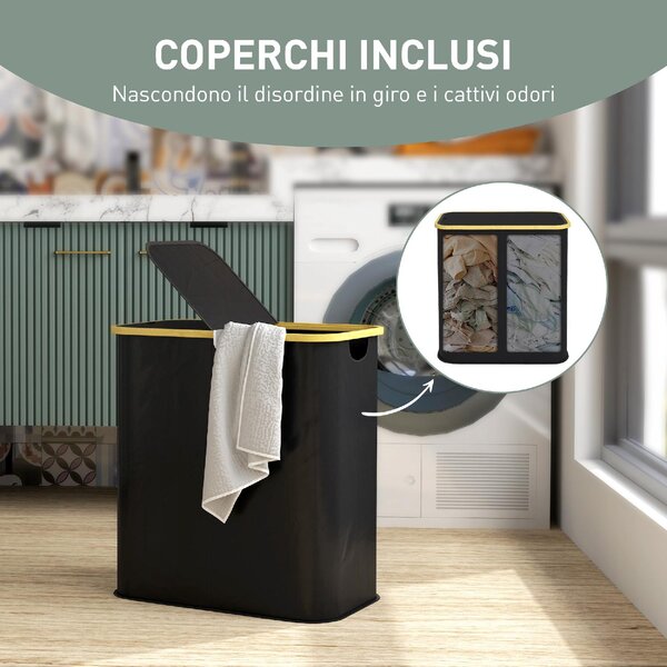 DecHome Cesto Portabiancheria da 80L a 2 Sezioni con Coperchio in Tessuto non Tessuto e Bamb 54x34x58.5 cm colore Nero - U5780BK