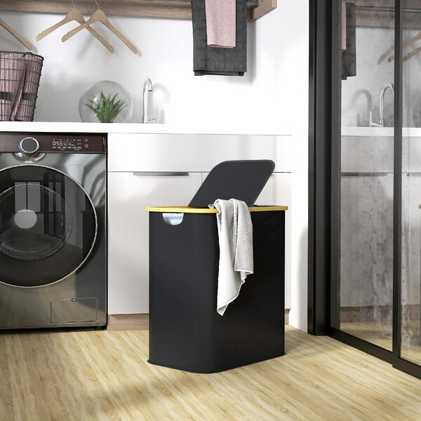 DecHome Cesto Portabiancheria da 80L a 2 Sezioni con Coperchio in Tessuto non Tessuto e Bamb 54x34x58.5 cm colore Nero - U5780BK
