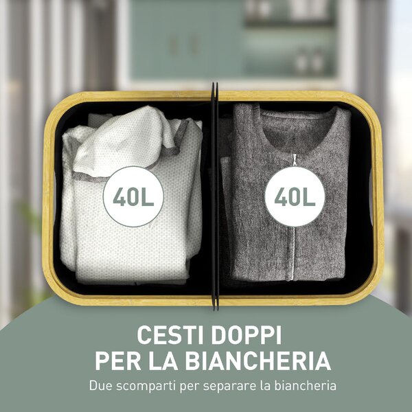 DecHome Cesto Portabiancheria da 80L a 2 Sezioni con Coperchio in Tessuto non Tessuto e Bamb 54x34x58.5 cm colore Nero - U5780BK