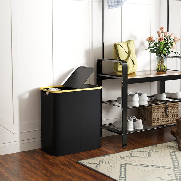 DecHome Cesto Portabiancheria da 80L a 2 Sezioni con Coperchio in Tessuto non Tessuto e Bamb 54x34x58.5 cm colore Nero - U5780BK