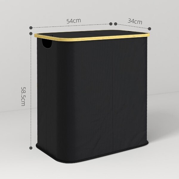 DecHome Cesto Portabiancheria da 80L a 2 Sezioni con Coperchio in Tessuto non Tessuto e Bamb 54x34x58.5 cm colore Nero - U5780BK
